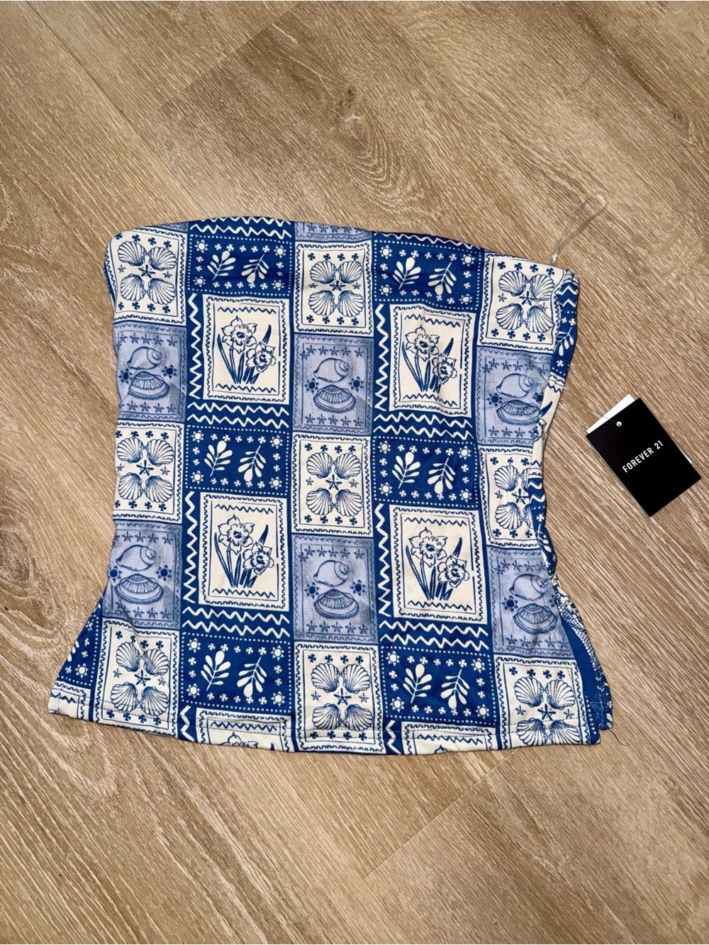 Forever 21 Blue and White Strapless Printed Tube Top